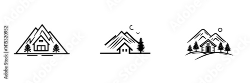 Vector illustration of mountain houses surrounded by trees in a scenic landscape during daytime