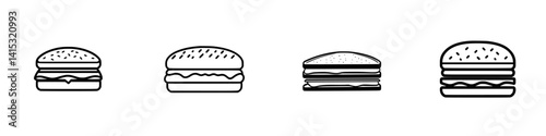 Vector illustration of various burger icons showcasing different styles and toppings for creative projects