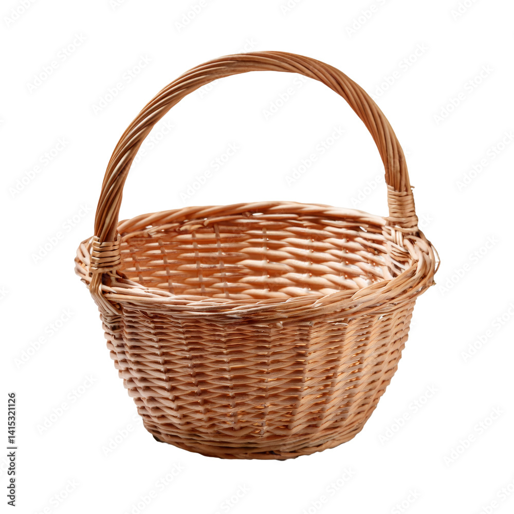 Woven wicker basket featuring curved handle, resting against clean transparent backdrop Woven wicker basket featuring curved handle, resting against clean transparent backdrop