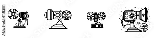 Vector illustration icons of vintage film projectors showcasing different designs and styles for graphic design projects