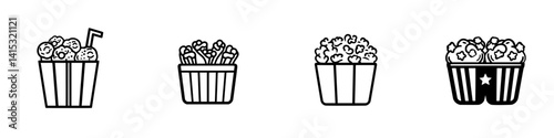 Various vector icons of popcorn and drinks in containers for movie night or snack time