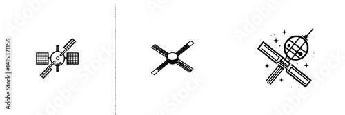 Vector illustration icons depicting various satellite designs emphasizing aerospace technology