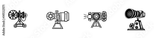 Various vintage movie camera icons designed in a clean vector illustration style showcasing the evolution of film equipment