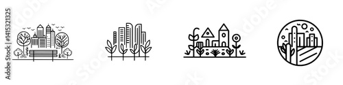 Urban and nature elements in vector illustrations showcasing city parks, buildings, and greenery activities for modern design concepts