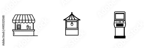 Vector illustration of a market stall, kiosk, and payment terminal in a simple, minimalist style