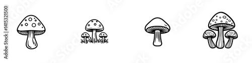 Vector illustration of various mushrooms in black and white, showcasing different shapes and sizes in a minimalist design