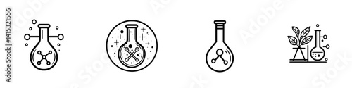 Vector illustration icons depicting laboratory glassware including flasks and beakers with scientific elements