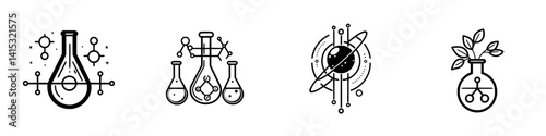 Vector illustration icons depicting laboratory equipment, space, and nature in a minimalistic style with bold lines and geometric patterns