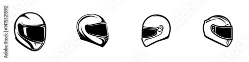 Vector illustration of four different racing helmets in minimalist design showcasing various styles for motorsport enthusiasts