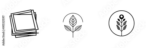 Vector illustration icons of stacked frames, leaf designs, and circular botanical elements for creative projects