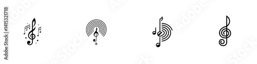 Vector illustration icon set featuring musical notes and sound waves in a minimalist style