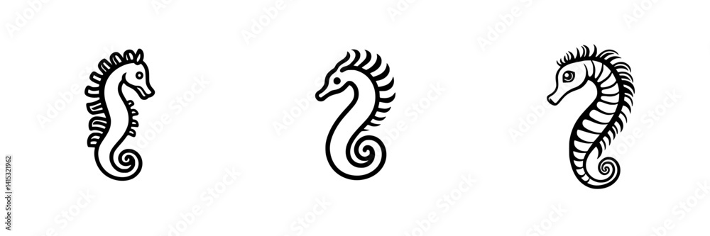 Unique vector illustrations of three distinct seahorse designs in black outlines on a clean white background Unique vector illustrations of three distinct seahorse designs in black outlines on a clean white background