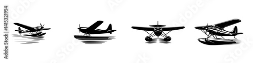 Vector illustration of four distinct seaplanes in black silhouette against a white background showcasing various designs and styles