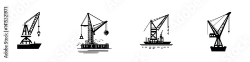 Various vector illustrations of cranes in different settings, showcasing construction and maritime activities