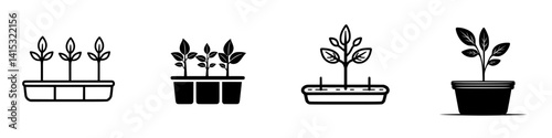 Vector illustration of various plant pots with growing seedlings displayed in a clean, modern design for gardening concepts