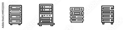 Vector illustration of multiple server rack designs showcasing different styles and configurations in a minimalist art approach
