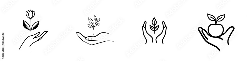 Vector illustration of hands holding various elements of nature including flowers, leaves, and fruits promoting environmental awareness Vector illustration of hands holding various elements of nature including flowers, leaves, and fruits promoting environmental awareness