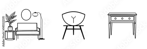 Modern vector illustration of stylish home furniture including a sofa, chair, and table in minimalist design