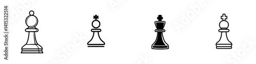 Collection of vector illustration icons representing chess pieces in a minimalistic style with black and white designs