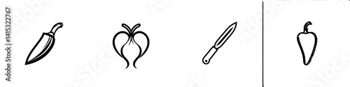 Vector illustration of culinary tools including a knife, vegetable, and chili pepper for kitchen use