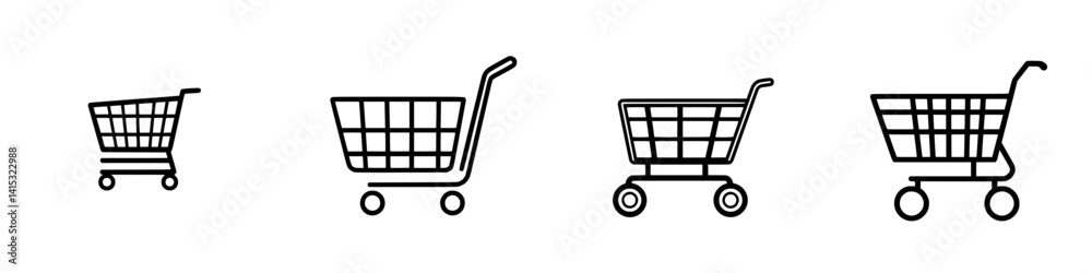 Progressive illustration of shopping carts showcasing varying sizes for e-commerce and retail design purposes Progressive illustration of shopping carts showcasing varying sizes for e-commerce and retail design purposes