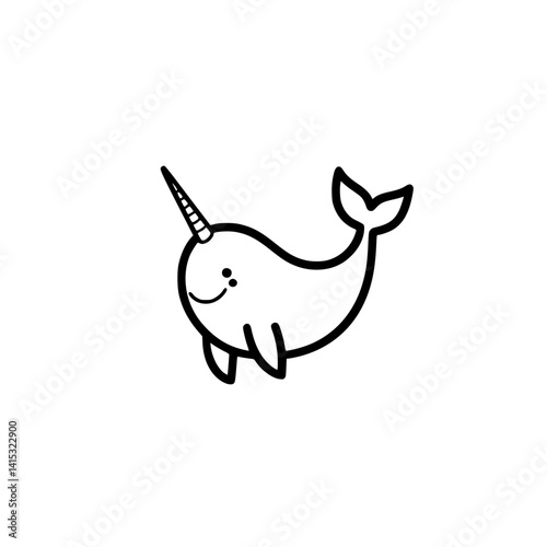 Cute vector illustration of a smiling narwhal swimming in a simplistic style on a clean background