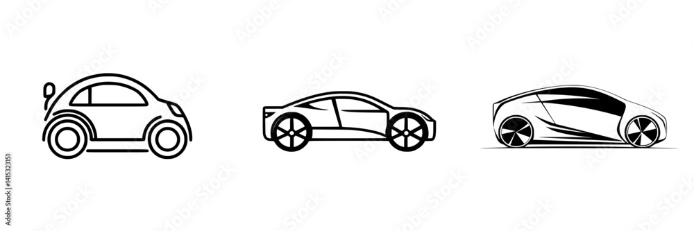 Vector illustration icons of different car designs showcasing various styles and shapes representing modern automotive innovation Vector illustration icons of different car designs showcasing various styles and shapes representing modern automotive innovation