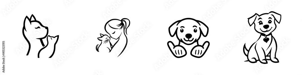 Vector illustration icons depicting pets and pet owners sharing affectionate moments