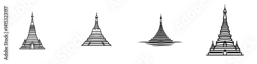 Vector illustration icons depicting diverse pagoda structures showcasing unique architectural styles and designs