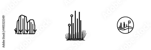 Vector illustration of nature icons featuring rocks, grass, and a parking symbol for outdoor activities and exploration