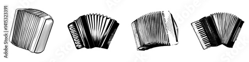 Collection of vintage accordion vector illustrations showcasing various styles and designs in a minimalist layout