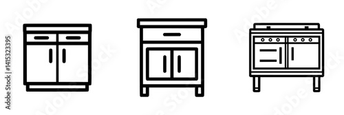 Kitchen furniture vector illustration icons showcasing cabinets and counters for home design or renovation projects