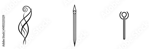 Decorative vector illustrations of creative tools including a swirl design, a pointed pen, and a sewing needle in a minimalist style