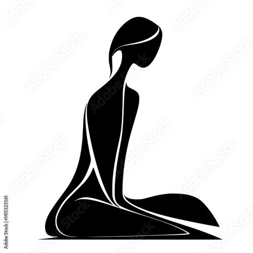 Elegant vector illustration of a seated figure in a minimalist black and white design showcasing grace and contemplation