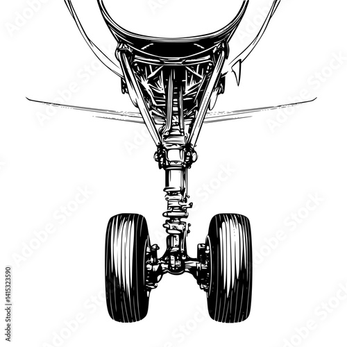 Vector illustration of aircraft landing gear with detailed components and wheels during a stationary position