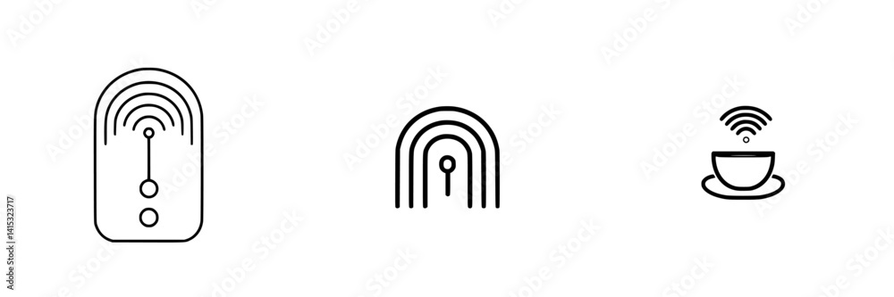 Vector illustration icons representing Wi-Fi signal hotspots and coffee themes in a minimalist design style Vector illustration icons representing Wi-Fi signal hotspots and coffee themes in a minimalist design style