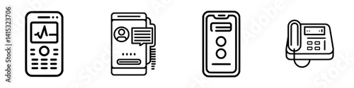 Collection of vector illustration icons depicting various types of communication devices used in healthcare settings