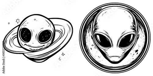 Vector illustration of a happy alien and planet in a playful, whimsical style perfect for children's content and science fiction themes