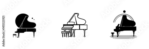 Elegant vector illustrations of grand pianos showcasing different designs and styles for music enthusiasts and graphic design projects