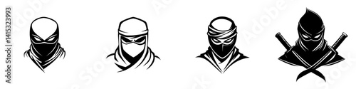 Vector illustration of four distinct ninja characters showcasing various styles and poses in a sleek black and white design