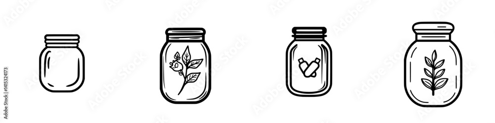 Vector illustration of various jar designs showcasing different contents and themes, useful for decorative and culinary purposes Vector illustration of various jar designs showcasing different contents and themes, useful for decorative and culinary purposes