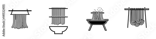 Vector illustration icon displaying various methods of drying noodles in a traditional kitchen setting