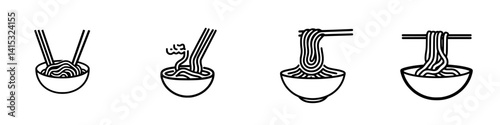 Illustration of noodle eating process with chopsticks in four sequential steps depicting enjoyment and technique