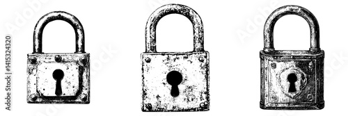 Vintage padlock vector illustration series showcasing different designs and details in black and white