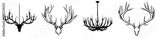 Stylish vector illustrations of chandelier designs featuring antlers in various layouts and shapes for modern home decor