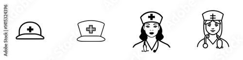 Vector illustration icon featuring medical symbols and healthcare professionals in a minimal style with hats and stethoscopes