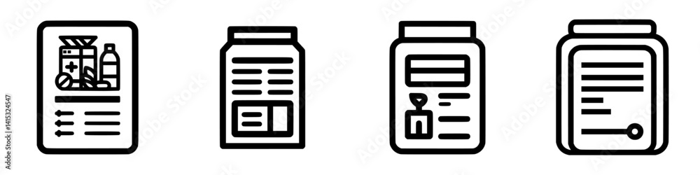 Vector illustration icons depicting various packaging designs for food and supplements with labels, showcasing different styles and layouts Vector illustration icons depicting various packaging designs for food and supplements with labels, showcasing different styles and layouts
