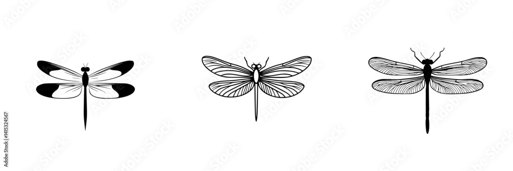 Vector illustration of three distinct dragonfly designs showcasing intricate line work and varying wing patterns Vector illustration of three distinct dragonfly designs showcasing intricate line work and varying wing patterns