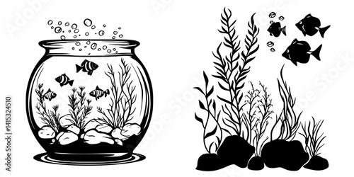 Vector illustration icon of a fishbowl and underwater scene with plants and fish swimming peacefully