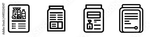 Vector illustration icons depicting various packaging designs for food and supplements with labels, showcasing different styles and layouts